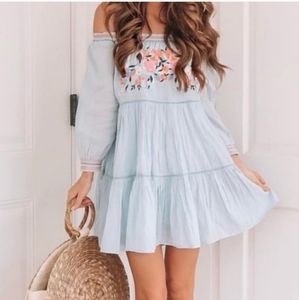 Free People Sunbeam Embroidered Tiered Mini Dress in Blue